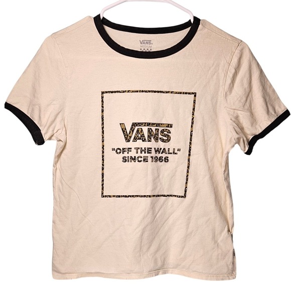 Vans Tops - Vans Off The Wall Womens Ringer T-Shirt Cream Leopard Print Graphic Logo Medium